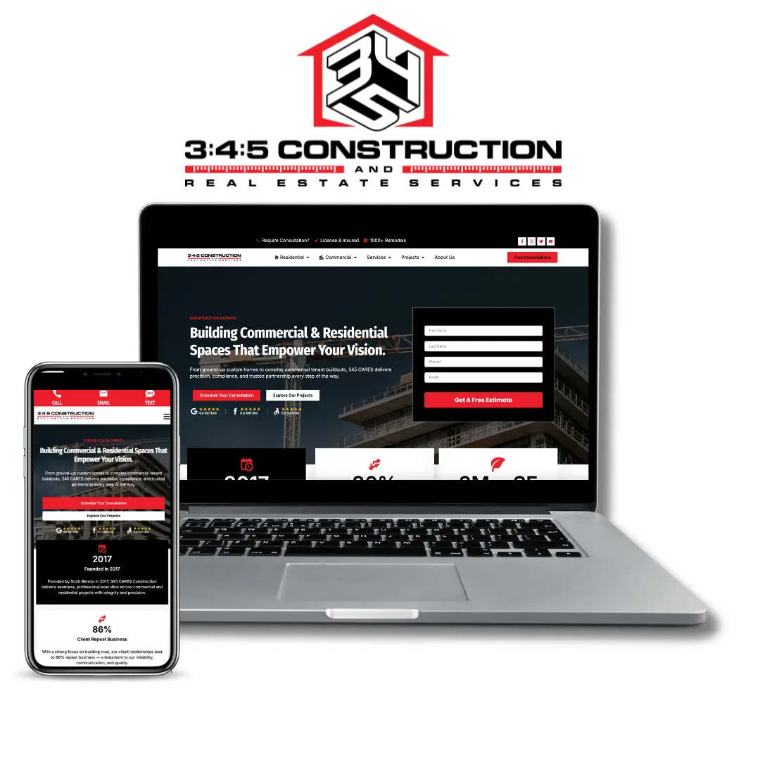 345 CARES Construction website on a laptop and phone