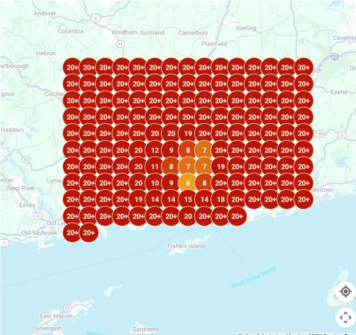 Geo grid before, mostly red, ranked poorly across the service area