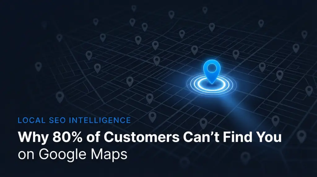 Google Maps location pins showing local business visibility — one glowing blue pin surrounded by invisible gray pins