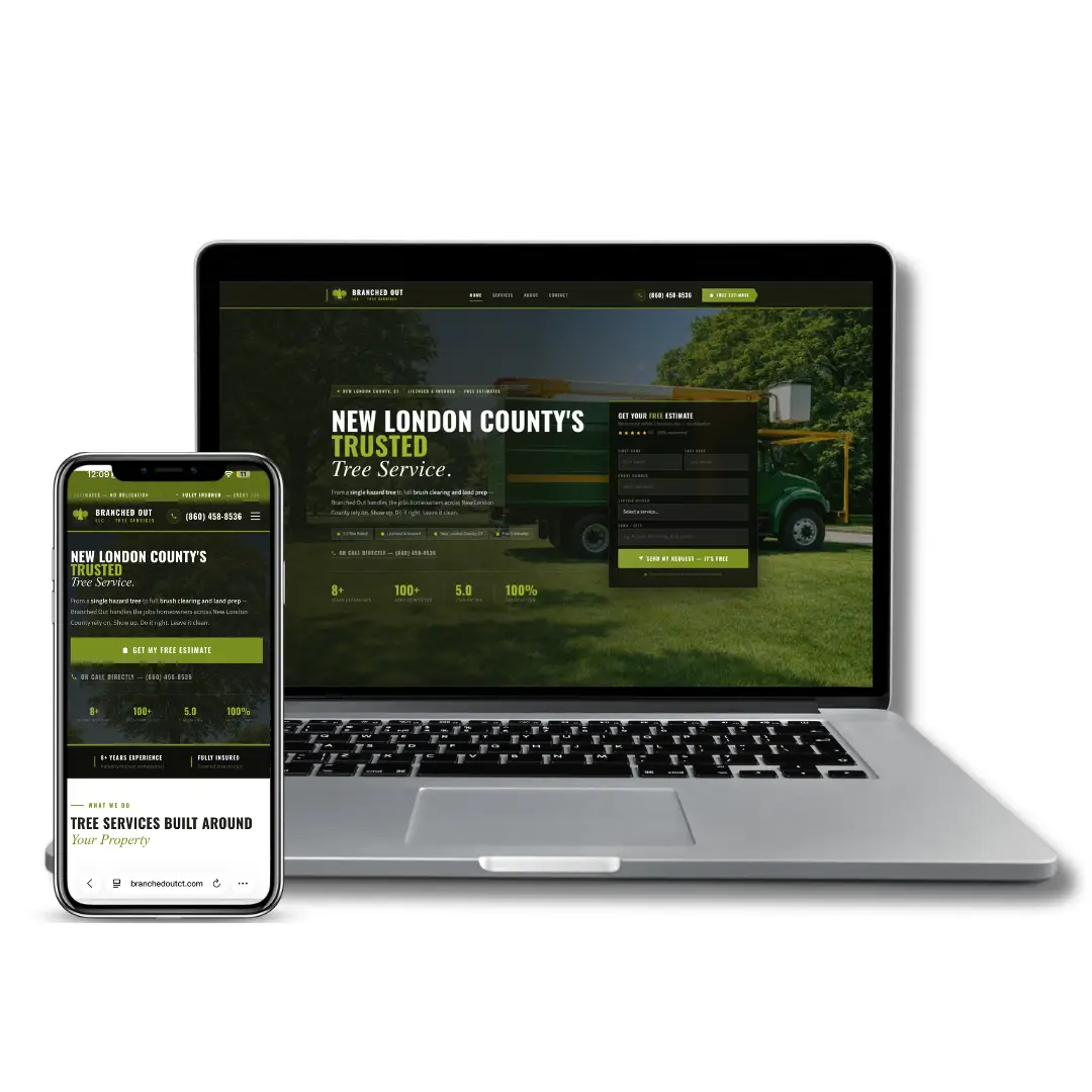 Branched Out tree service website on a laptop and phone