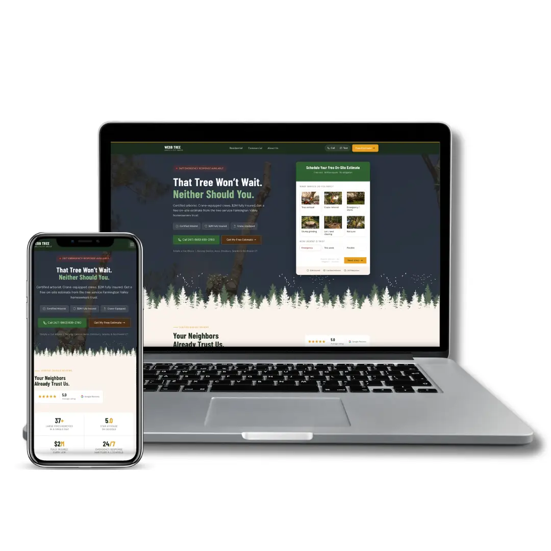 Webb Tree Services website on a laptop and phone