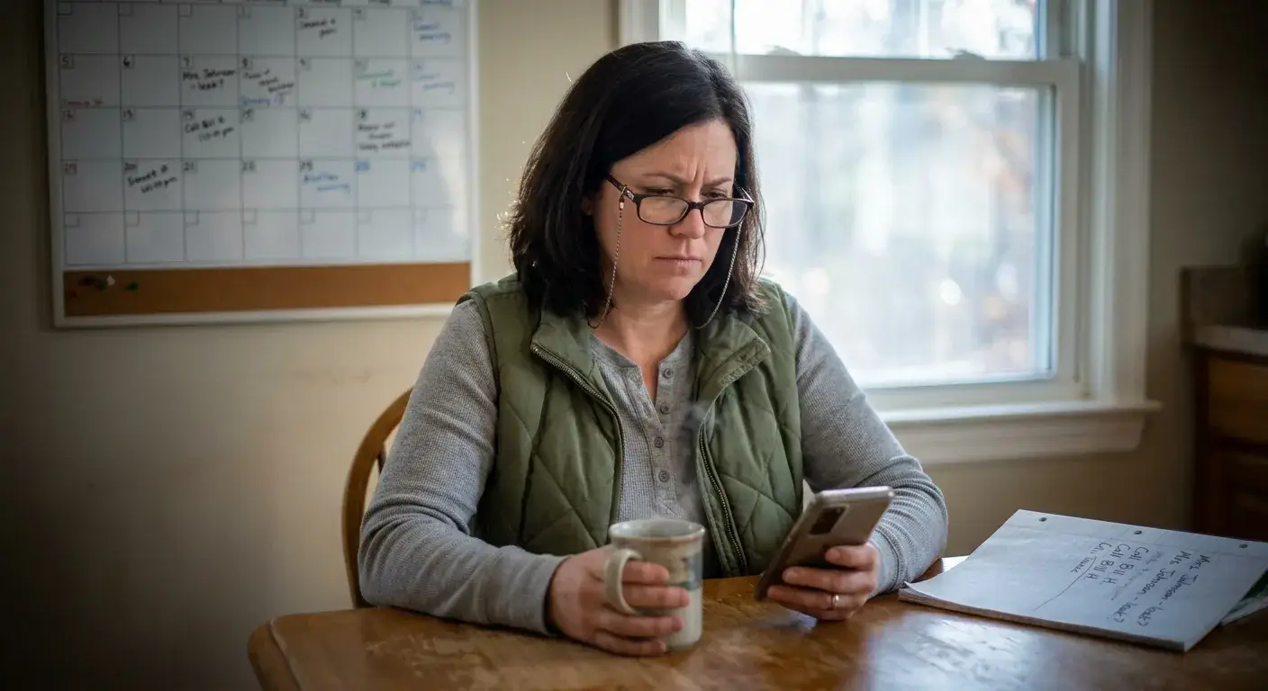 A frustrated homeowner stares at their phone while a notification shows an unanswered text message from hours ago.