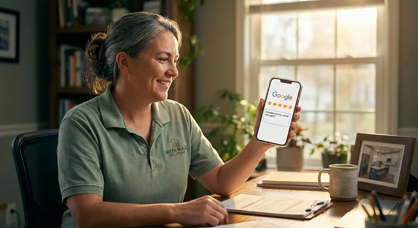 Google review form on mobile phone screen with five-star rating pre-selected and text input field ready for contractor feedba