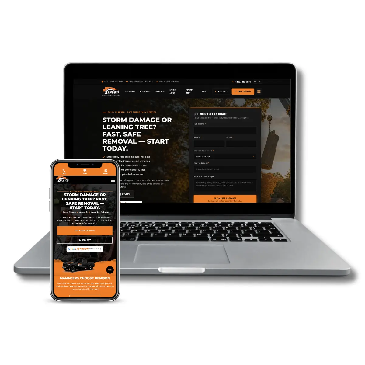 Denison Tree Removal website, matching the truck and crew colors