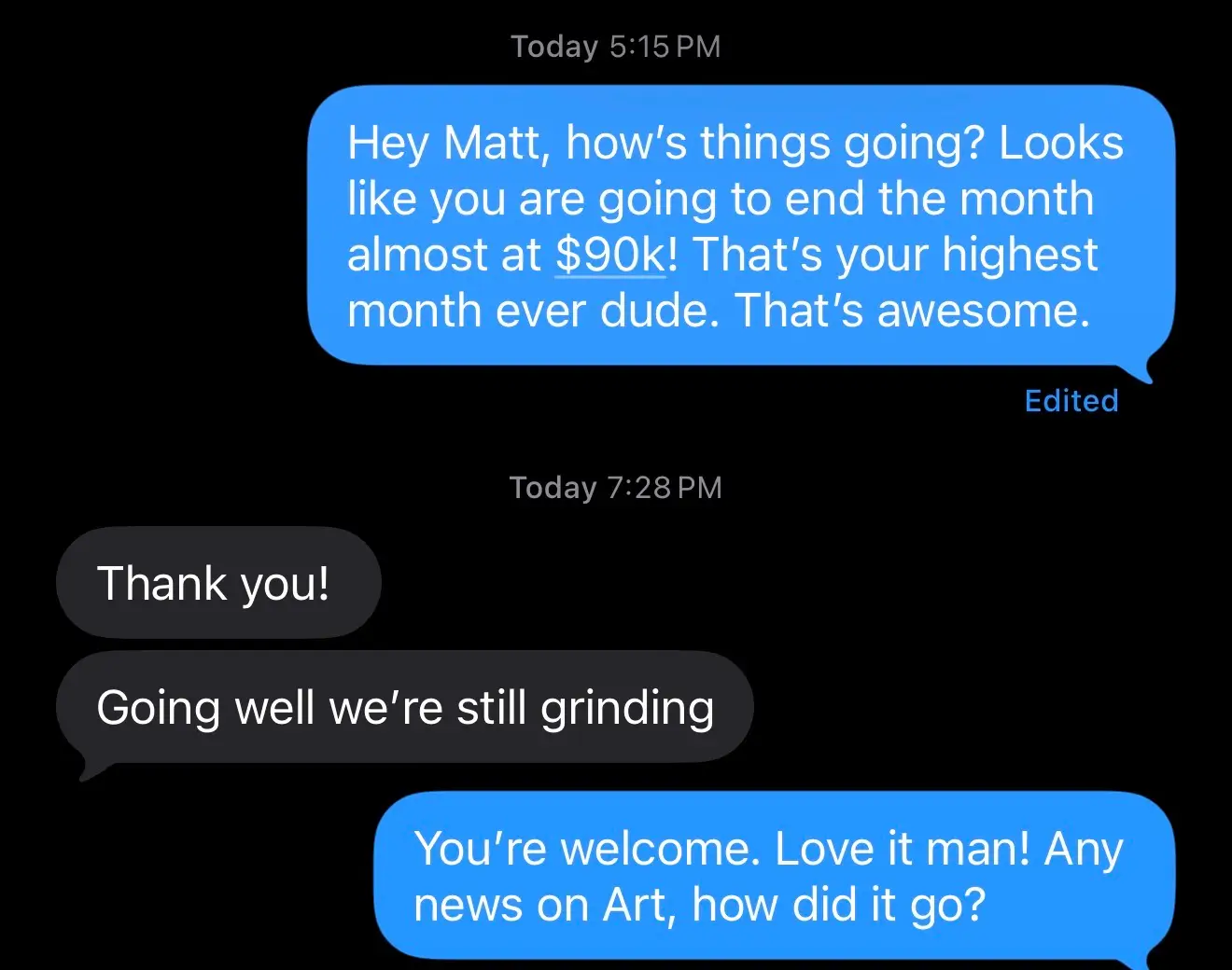 Text message from a Profit Revive partner about their highest revenue month ever