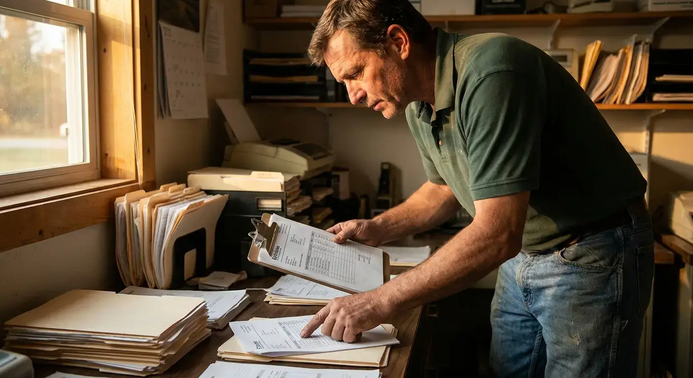 Tree service company owner reviewing organic lead sources on laptop at office desk
