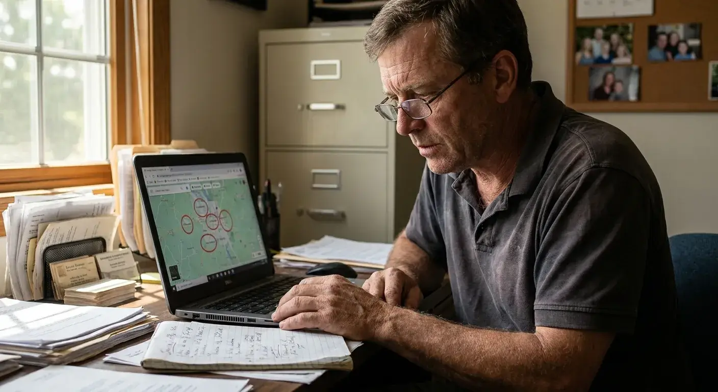 Arborist examining Google Maps on laptop showing local search results for tree service companies in surrounding towns.
