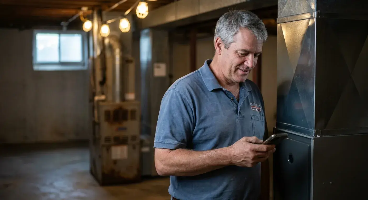 Google Business Profile showing before and after HVAC furnace installation photos on a smartphone screen.