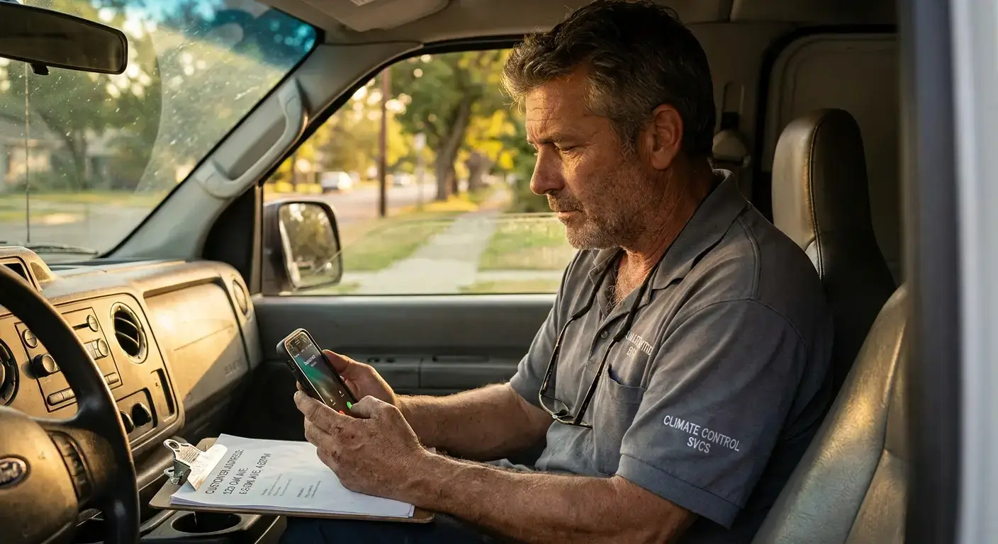 HVAC technician checking phone and scheduling appointment while responding to customer inquiry quickly in service van.