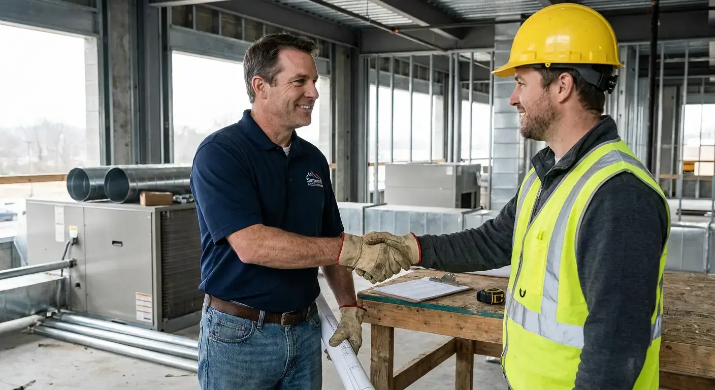General contractor reviewing blueprints with HVAC technician at commercial construction site