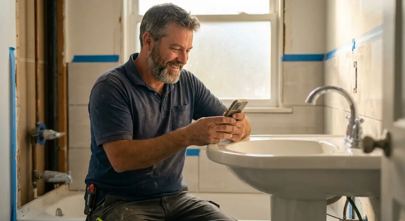 Plumber reviewing Google Business Profile on laptop with service checklist and customer reviews visible on screen.