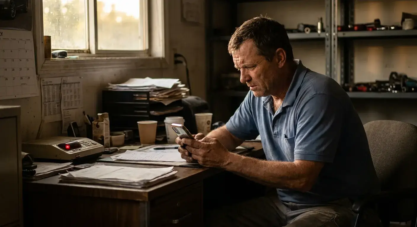 Plumber checking voicemail messages on office phone at desk during business hours.