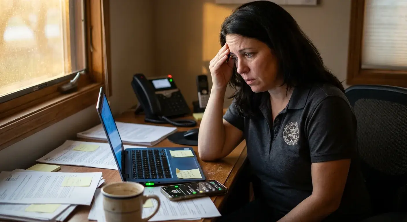 Person typing on laptop next to phone showing incoming lead notifications and calendar reminders.