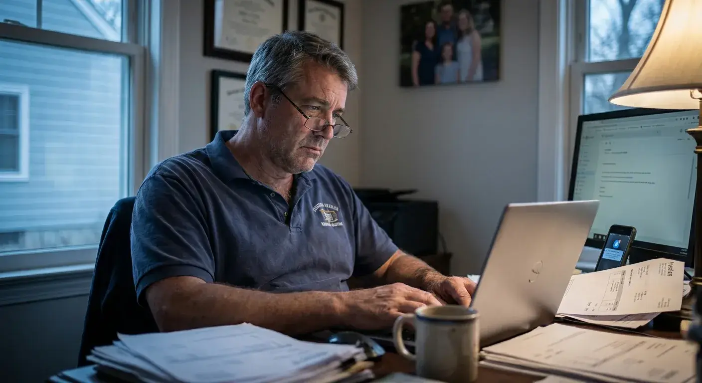 Screenshot of frustrated business owner at desk surrounded by scattered papers and multiple computer windows open.