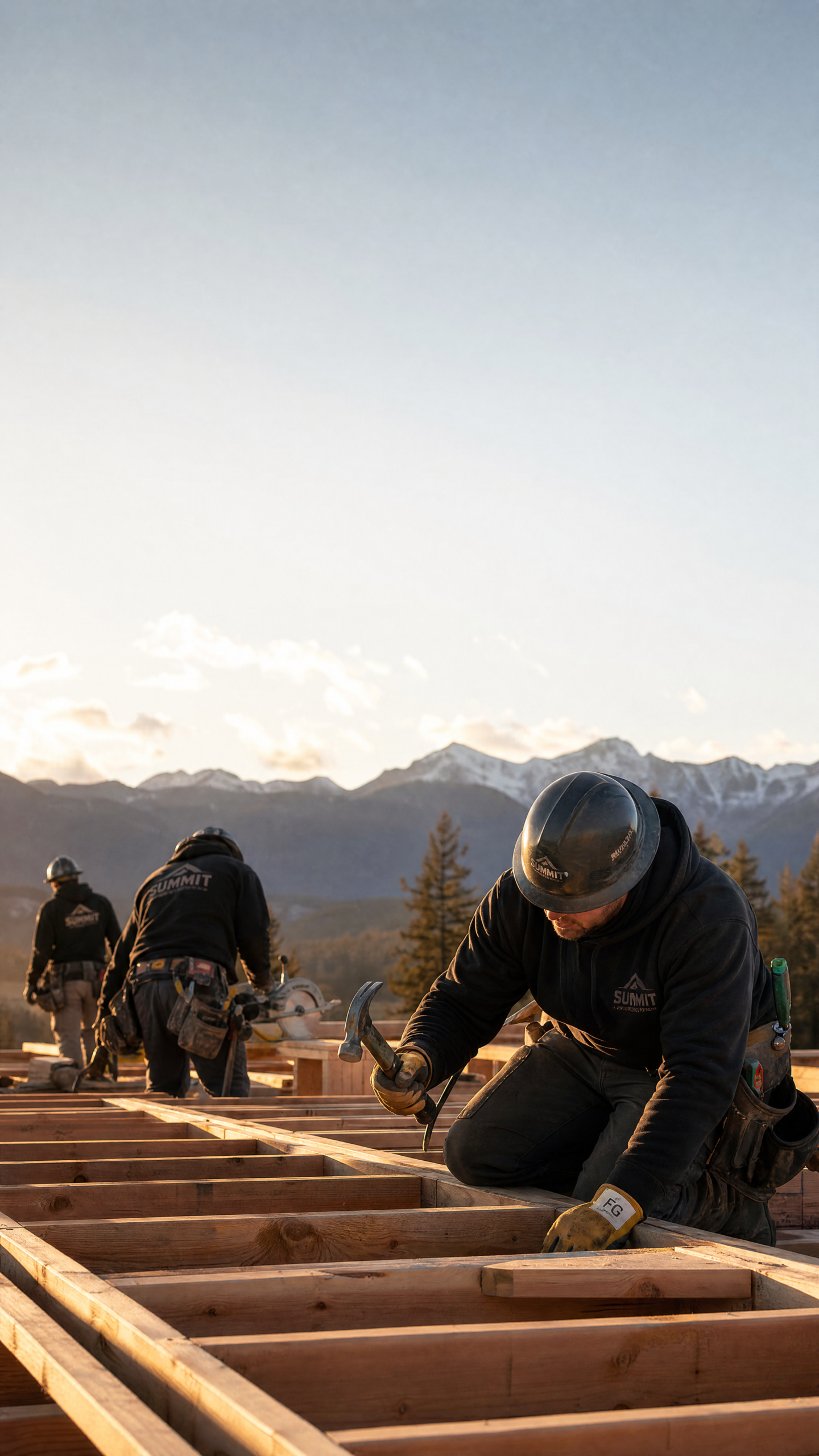 Professional trades crew working on job site at golden hour