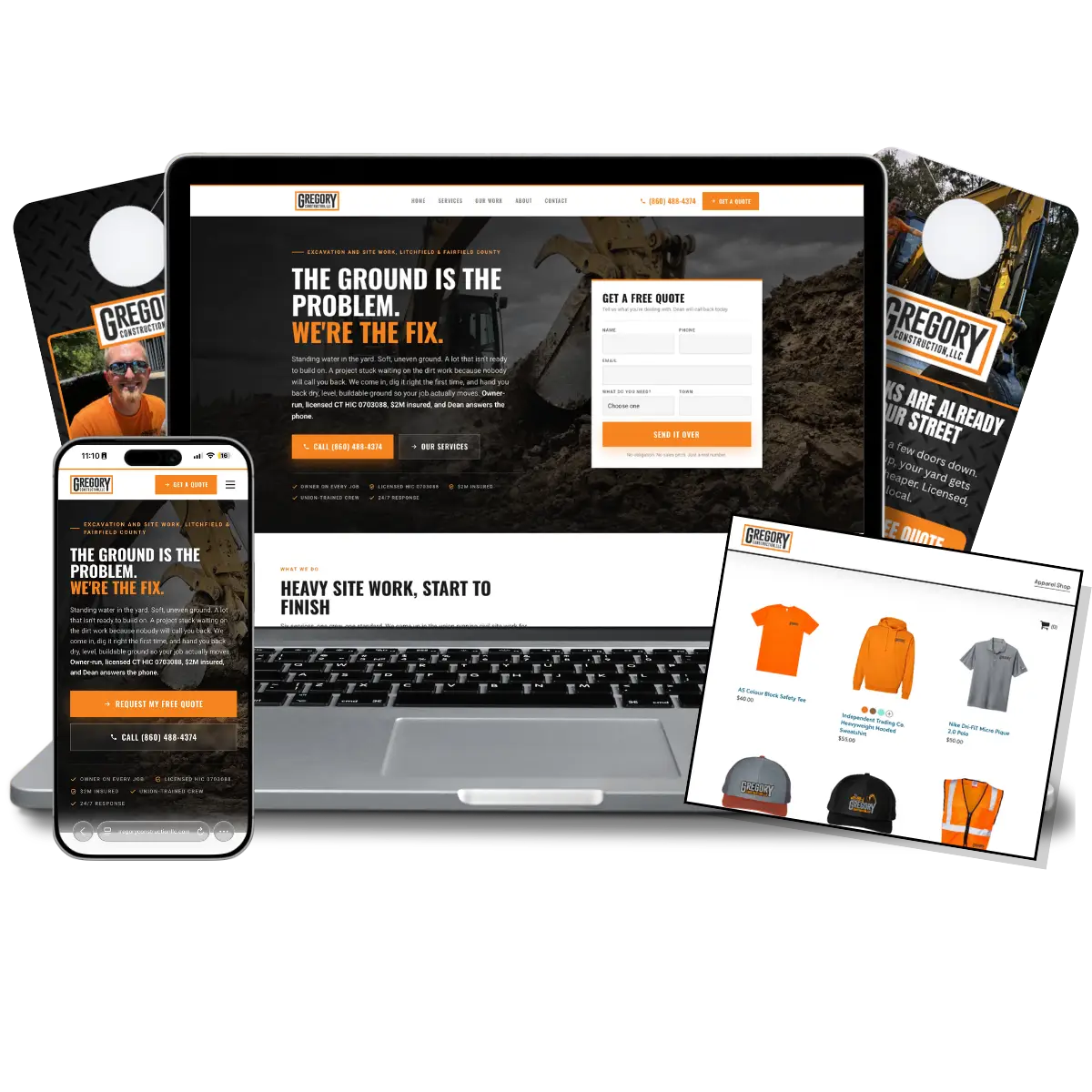 Gregory Construction brand: website, flyers and crew shirts that all match
