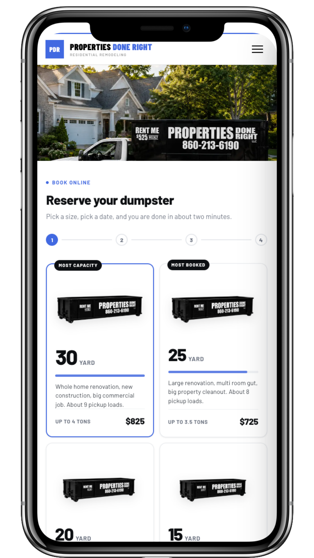 Custom dumpster booking software built for a rental company, showing size selection and instant pricing
