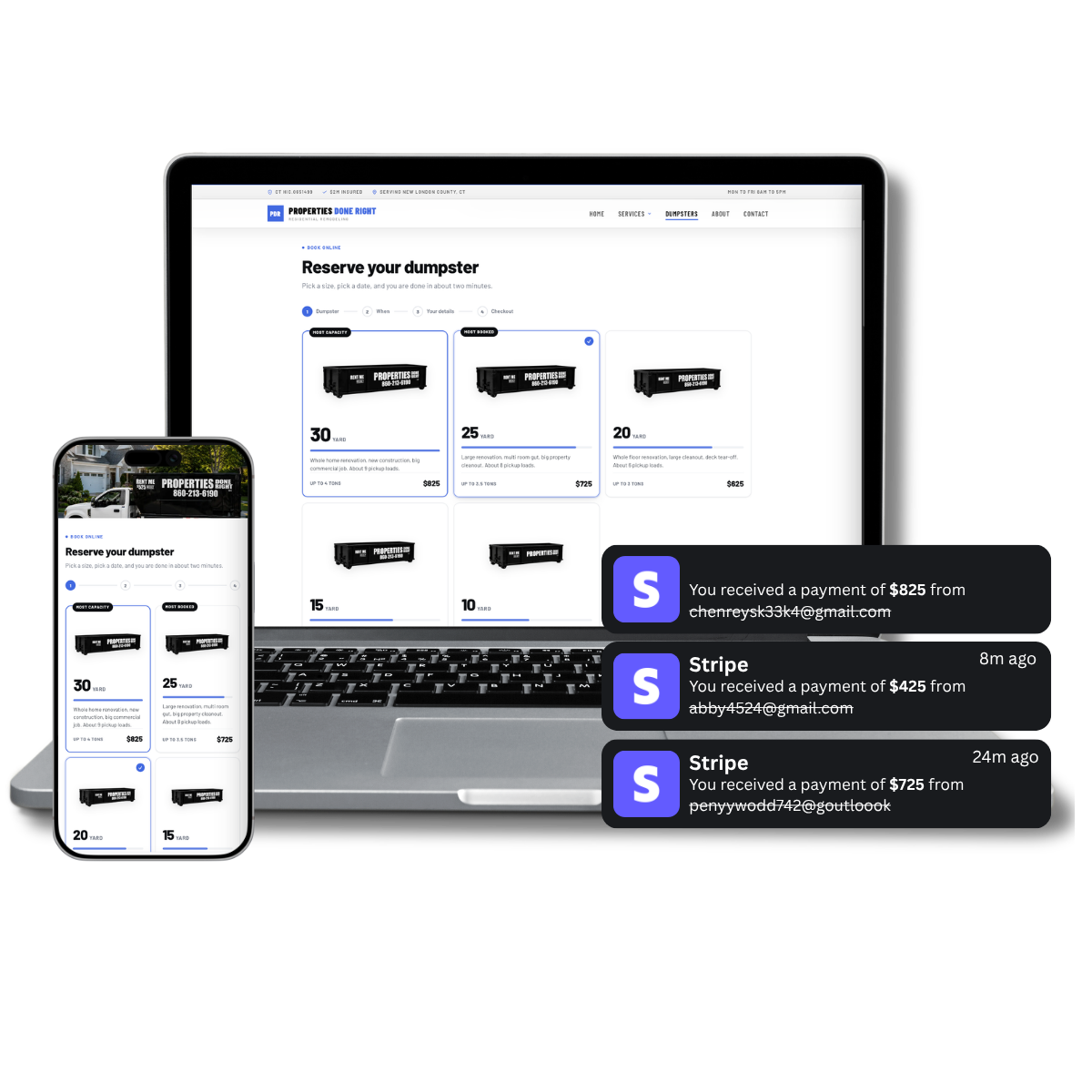 Properties Done Right custom dumpster rental booking software with Stripe payments and a fleet dashboard
