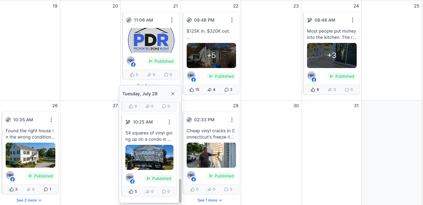 Properties Done Right social media content calendar planned and scheduled by Profit Revive