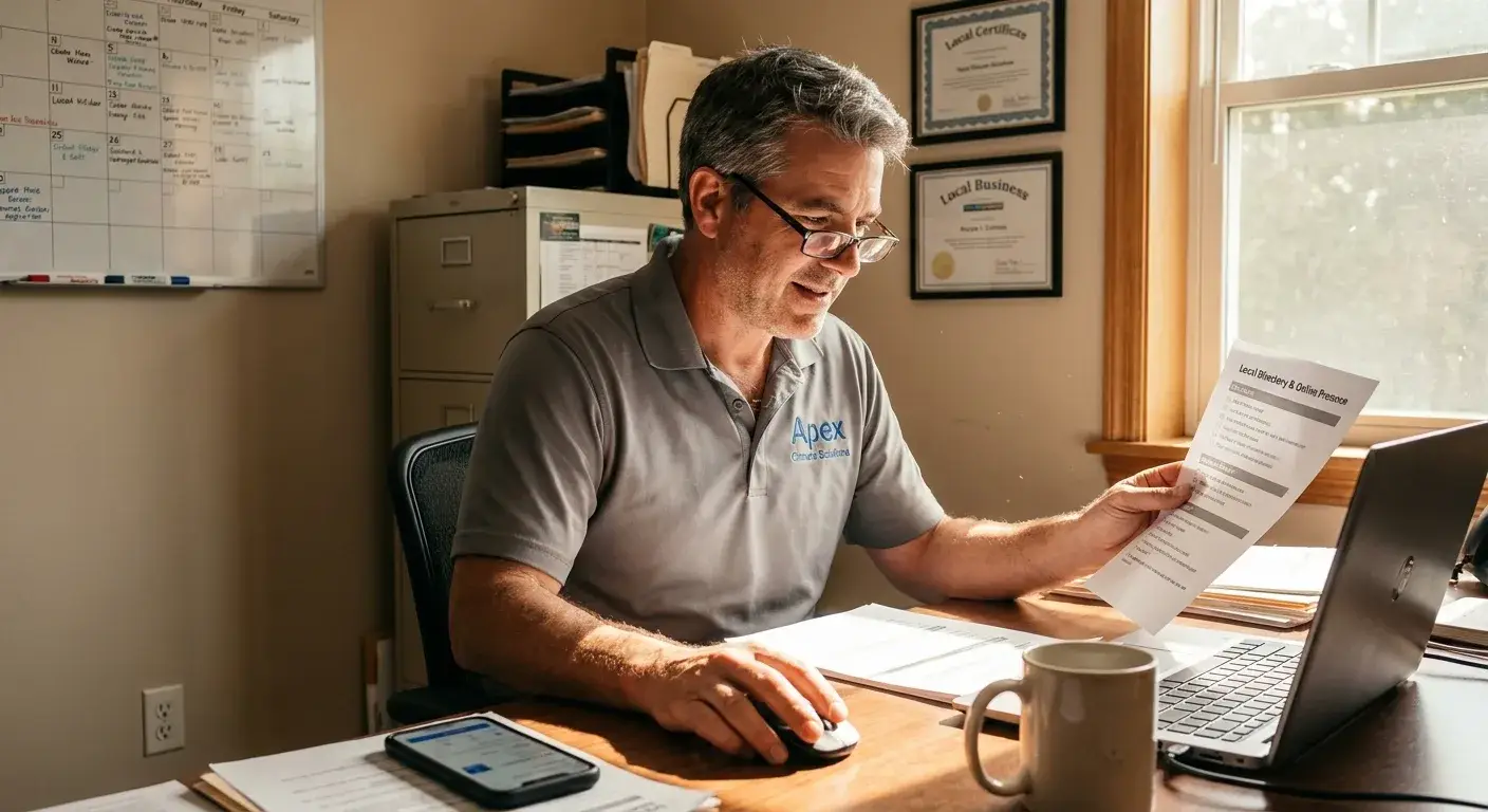 HVAC business owner updating company information across multiple online directories on a laptop screen.
