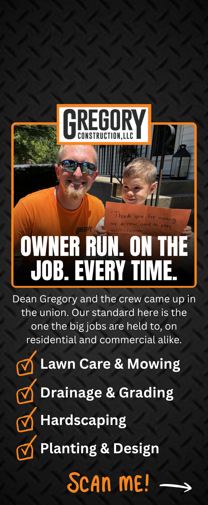 Back of the Gregory Construction door hanger: owner run, on the job every time, with the service list