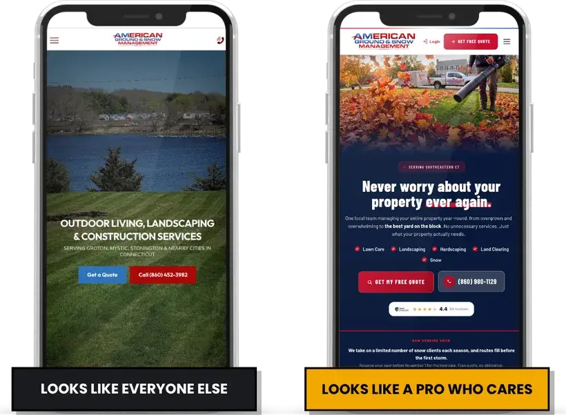 American Ground & Snow's old and new websites side by side on phones