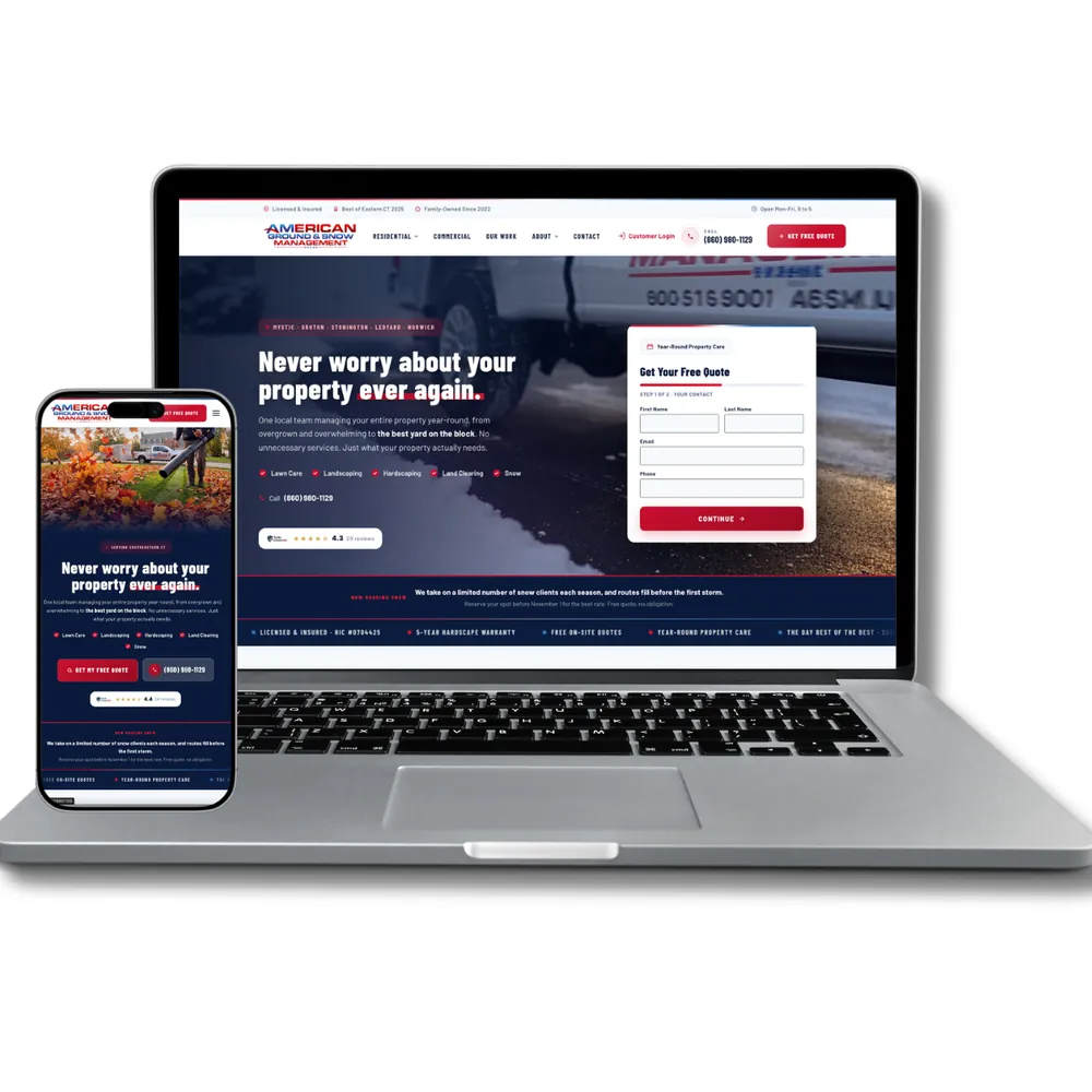 American Ground & Snow website on a laptop and phone, in the same colors as their yard sign