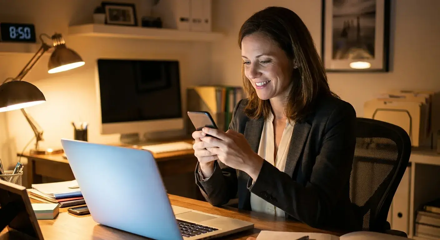 Person holding smartphone showing incoming text message notification on screen at night.