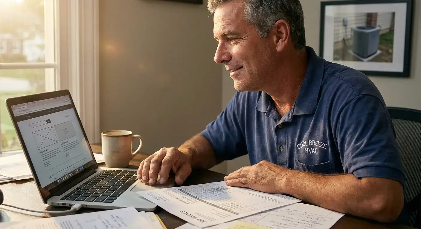 Screenshot of a professional HVAC company website homepage with service booking button and customer testimonials prominently