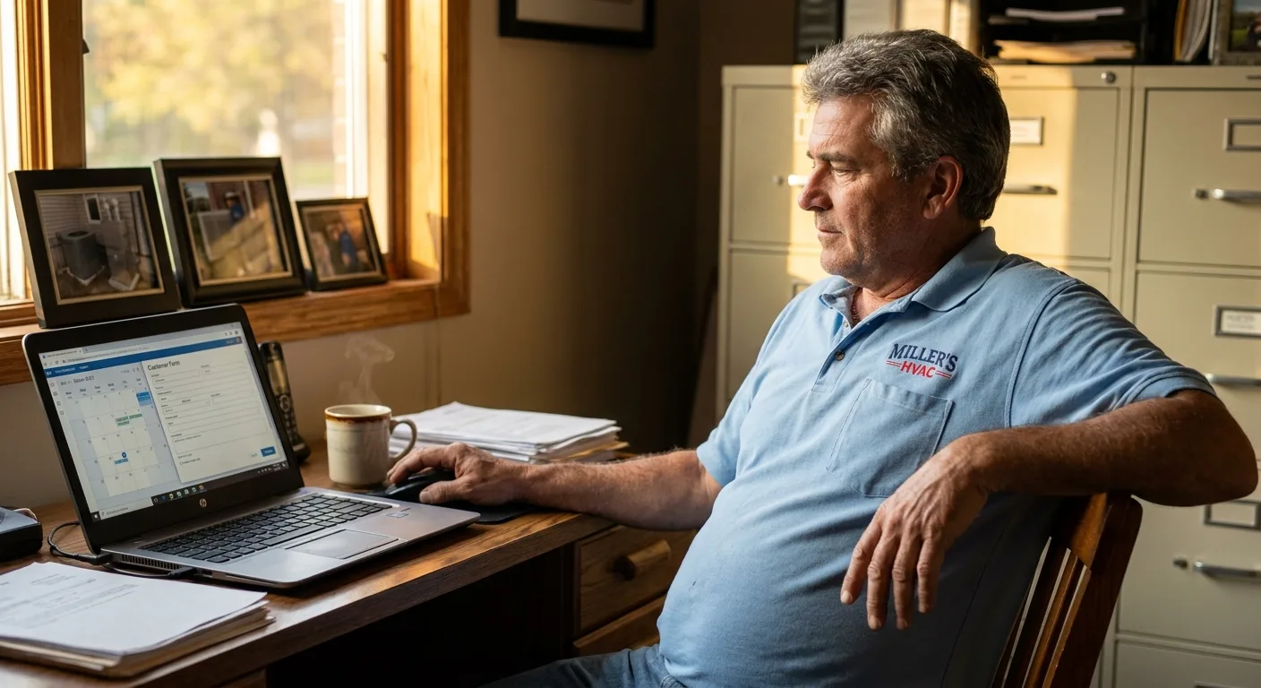 HVAC business owner reviewing website builder options on computer screen with service scheduling calendar visible