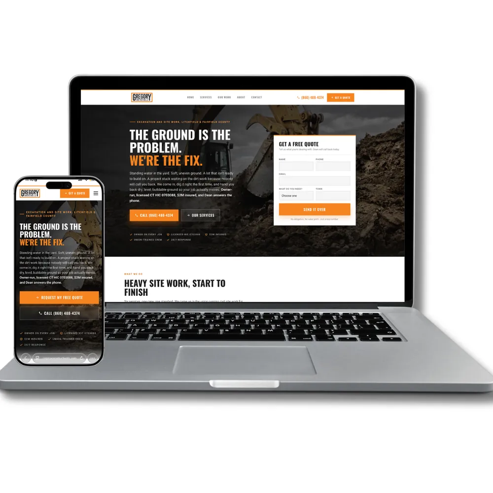 Gregory Construction website on a laptop and phone
