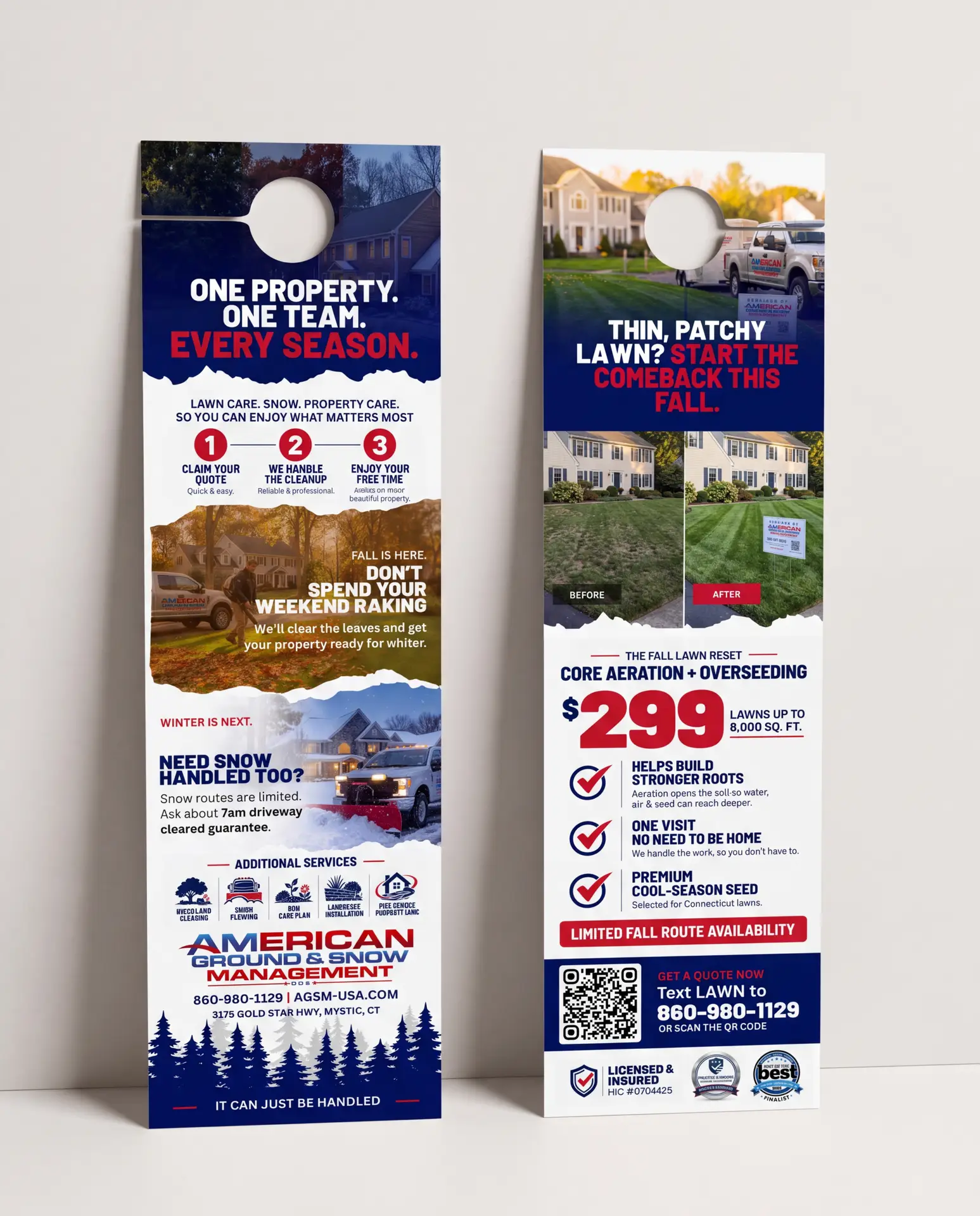 Sales-driven door hanger campaign for American Ground and Snow Management, front and back, built by Profit Revive