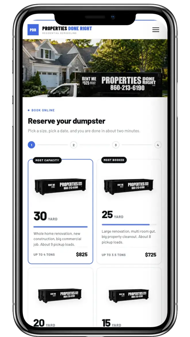 Custom dumpster booking software built for a rental company, showing size selection and instant pricing