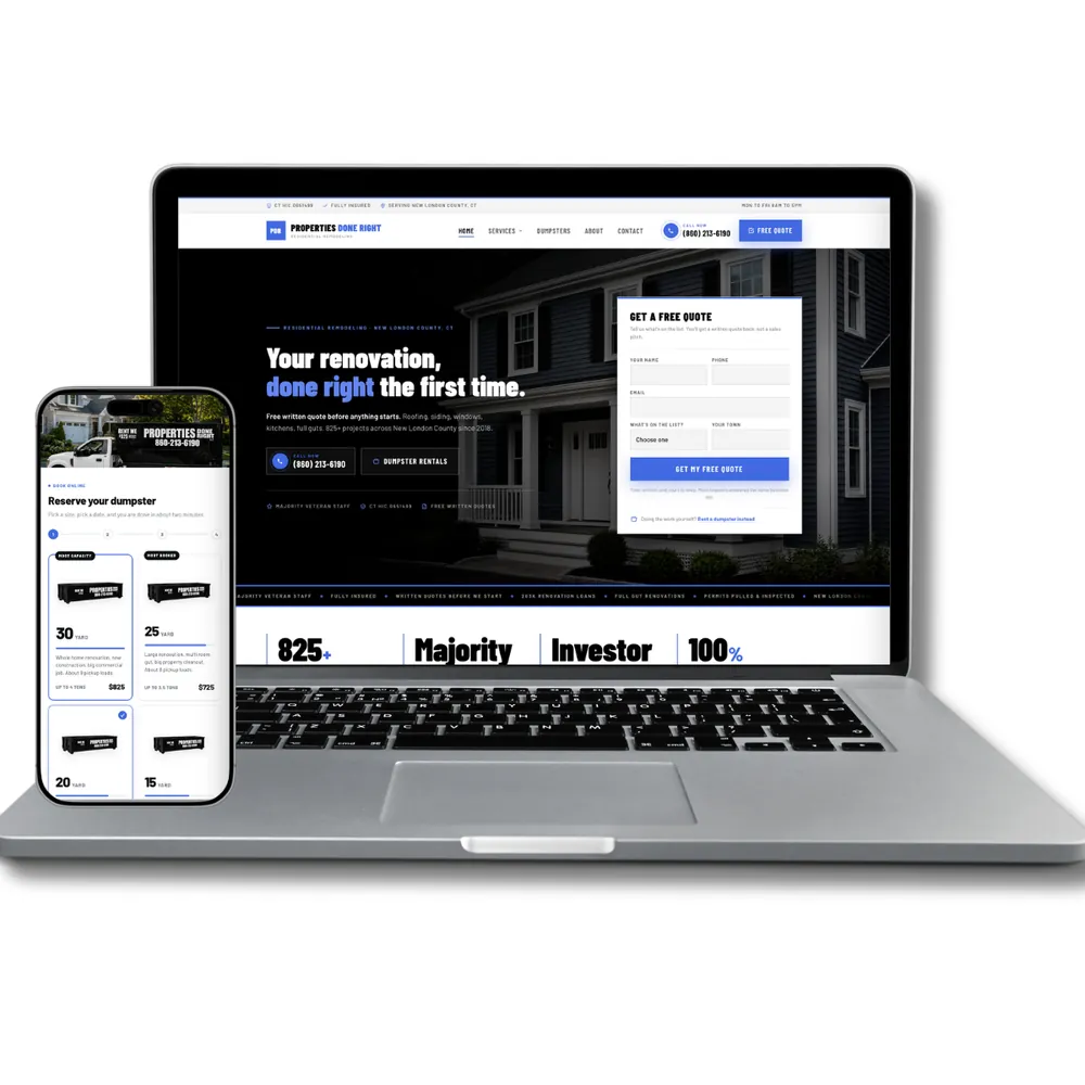 Properties Done Right website and dumpster booking on a laptop and phone