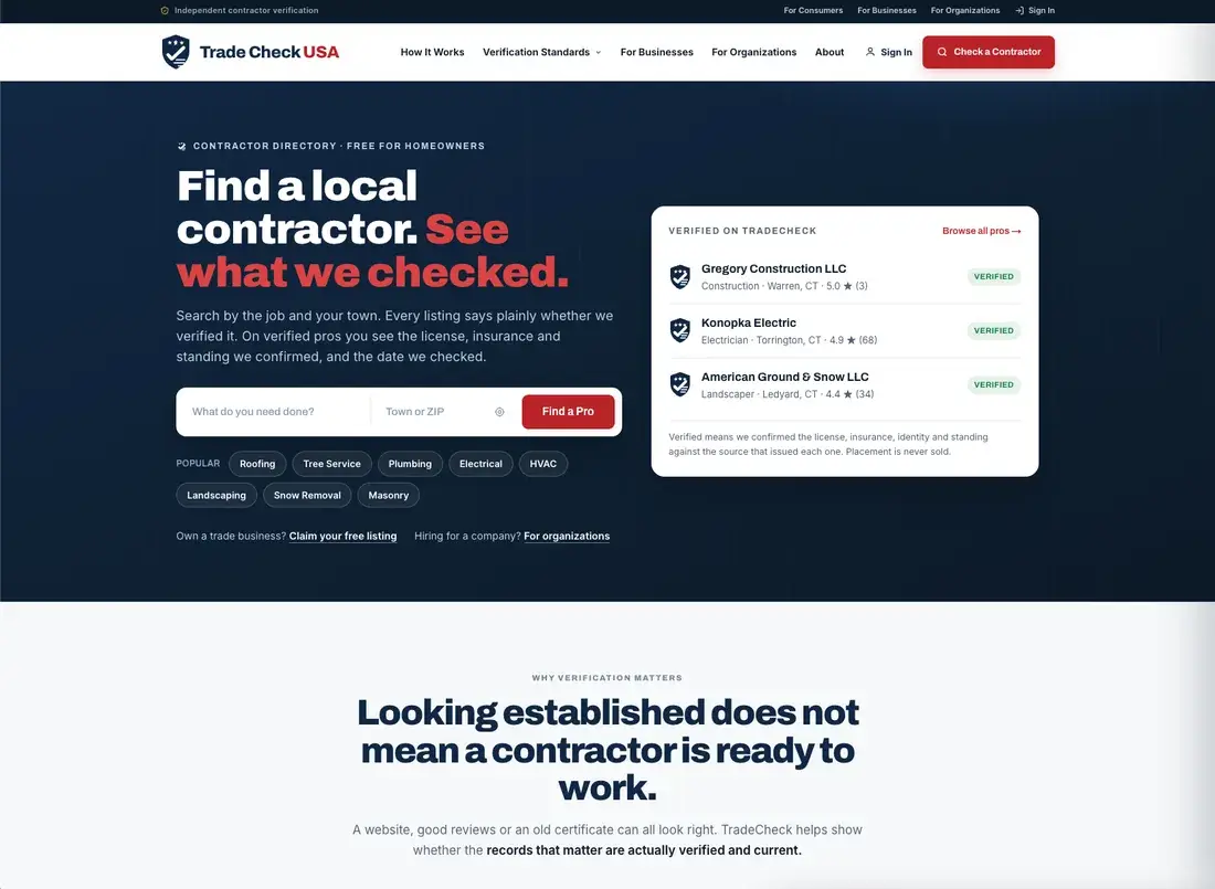 TradeCheck USA contractor directory home page, showing verified contractors