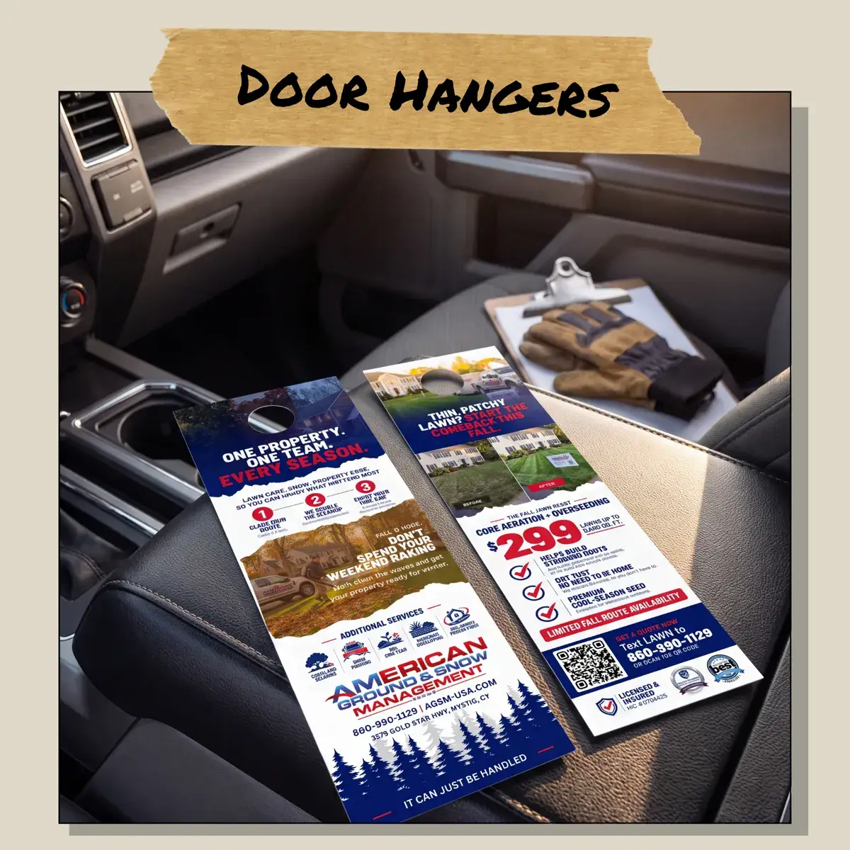 American Ground & Snow door hangers with one clear offer and a QR code