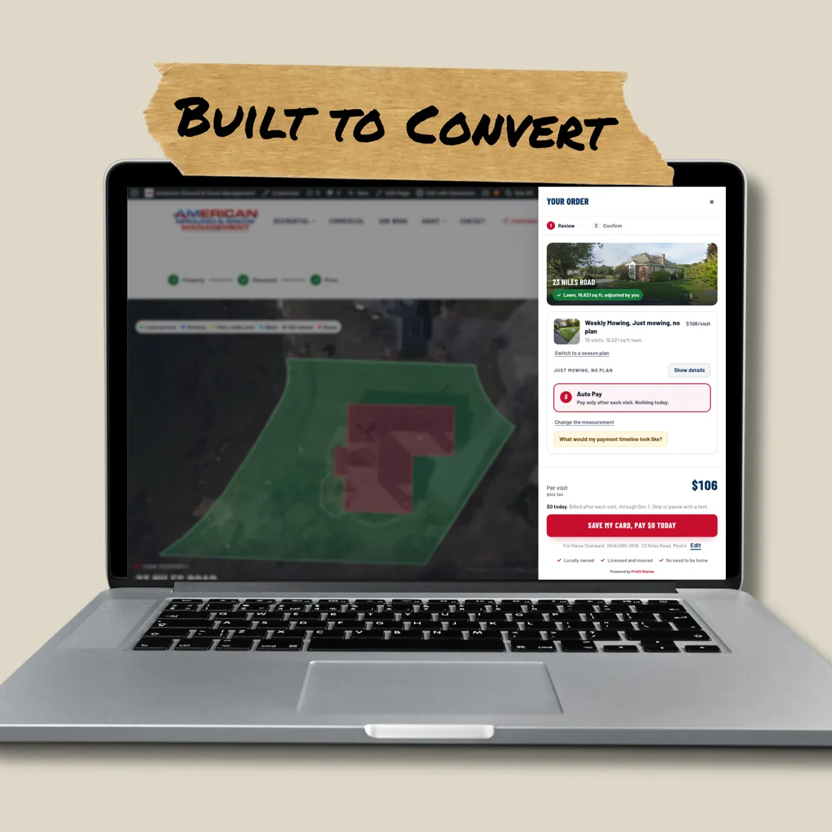 Online quote tool measuring a lawn from aerial imagery and showing a price per visit