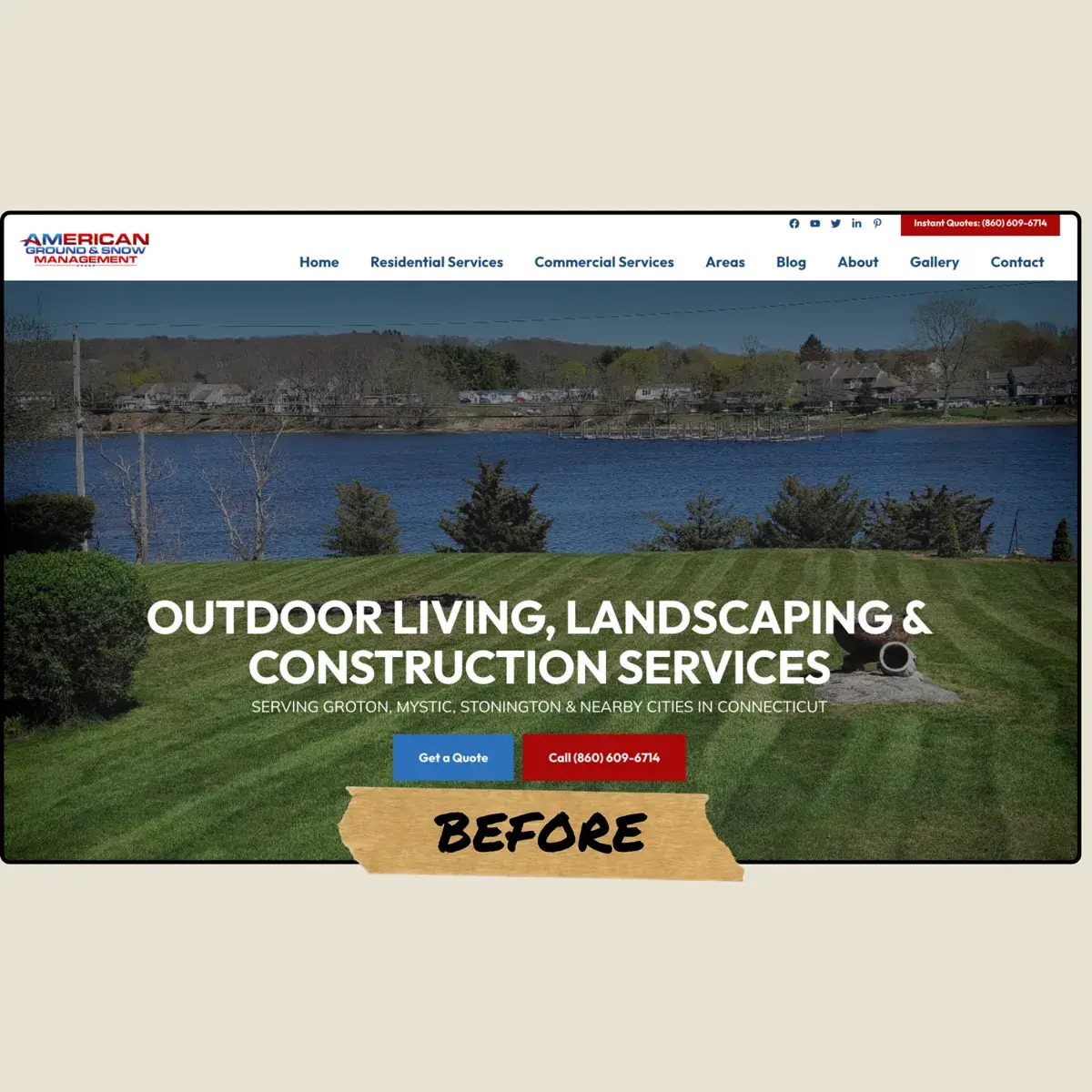 American Ground & Snow's old website: a lake photo and a list of services