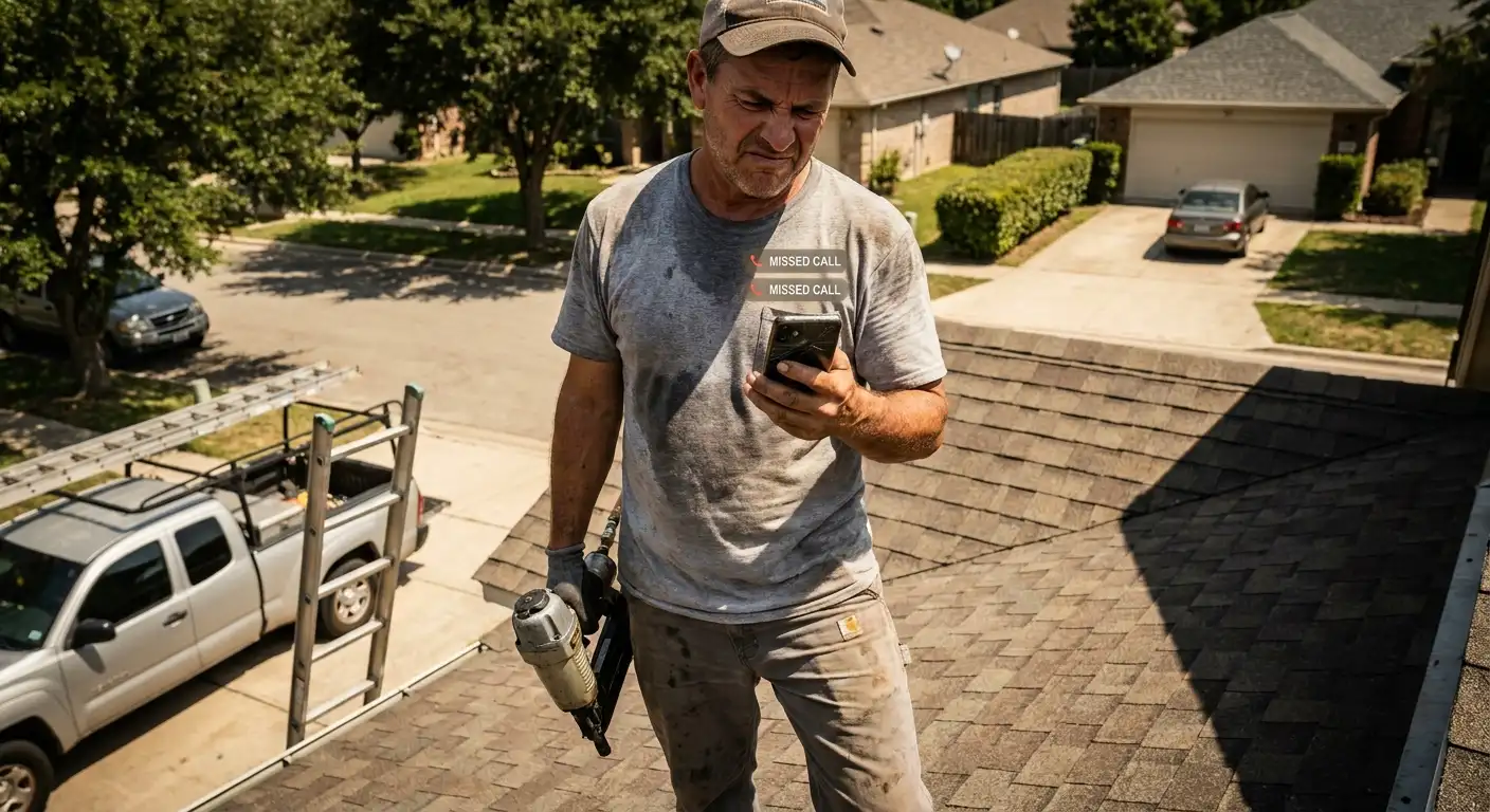 A roofer checking his phone while standing on a residential roof with tools nearby.