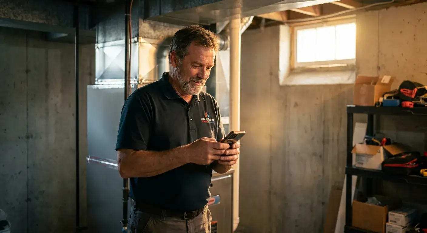 HVAC technician posting a photo of completed furnace installation work on Google Business Profile to attract customer calls.