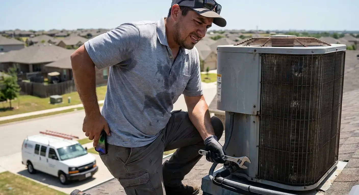 HVAC technician in work uniform checking a condenser unit while holding a smartphone showing missed call notifications.