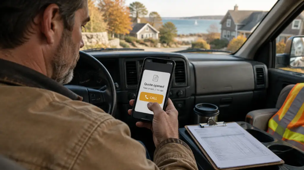 Contractor in his work truck looking at a phone notification that a customer just opened his patio quote, with a call button