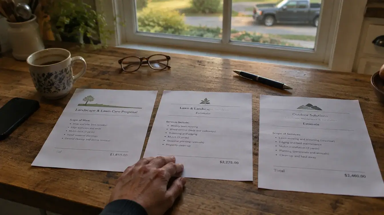 Three contractor quotes side by side on a homeowner's kitchen counter