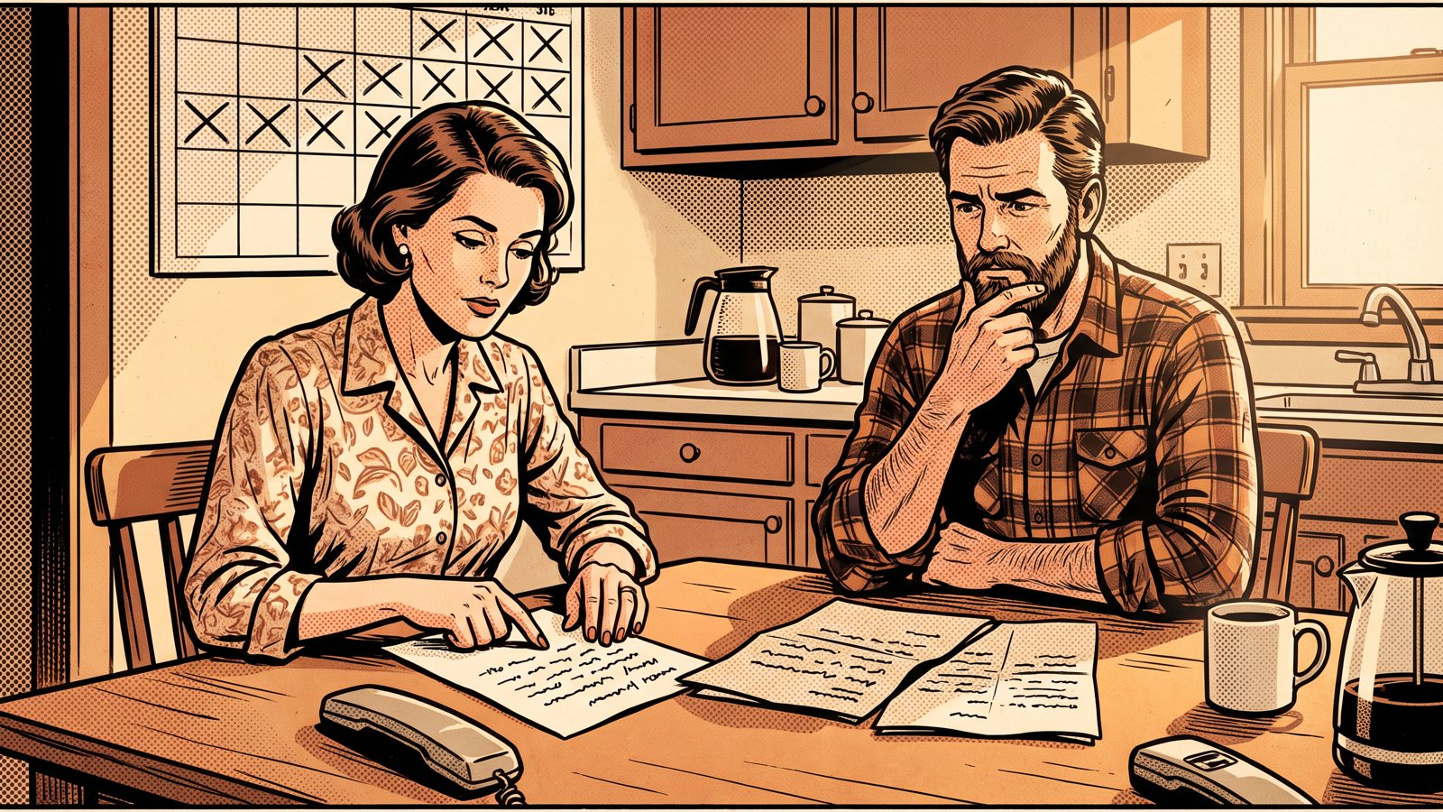 Cartoon of a homeowner couple at their kitchen table comparing three contractor estimates with days crossed off on the calendar
