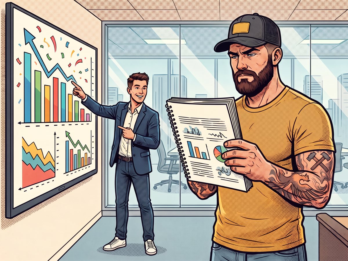 Mack holding an agency report upside down while a marketer points at colorful charts