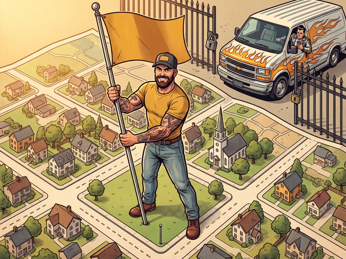 Mack planting a blank amber flag in the middle of his town map while a flashy van is stuck at a locked gate at the edge of town