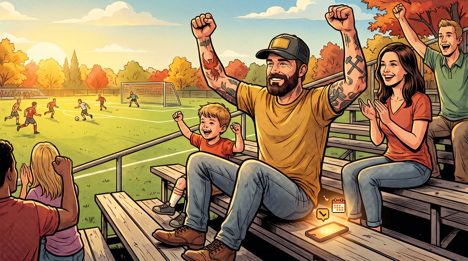 Cartoon of Mack cheering in the bleachers with his wife and son while his phone sits face down beside him