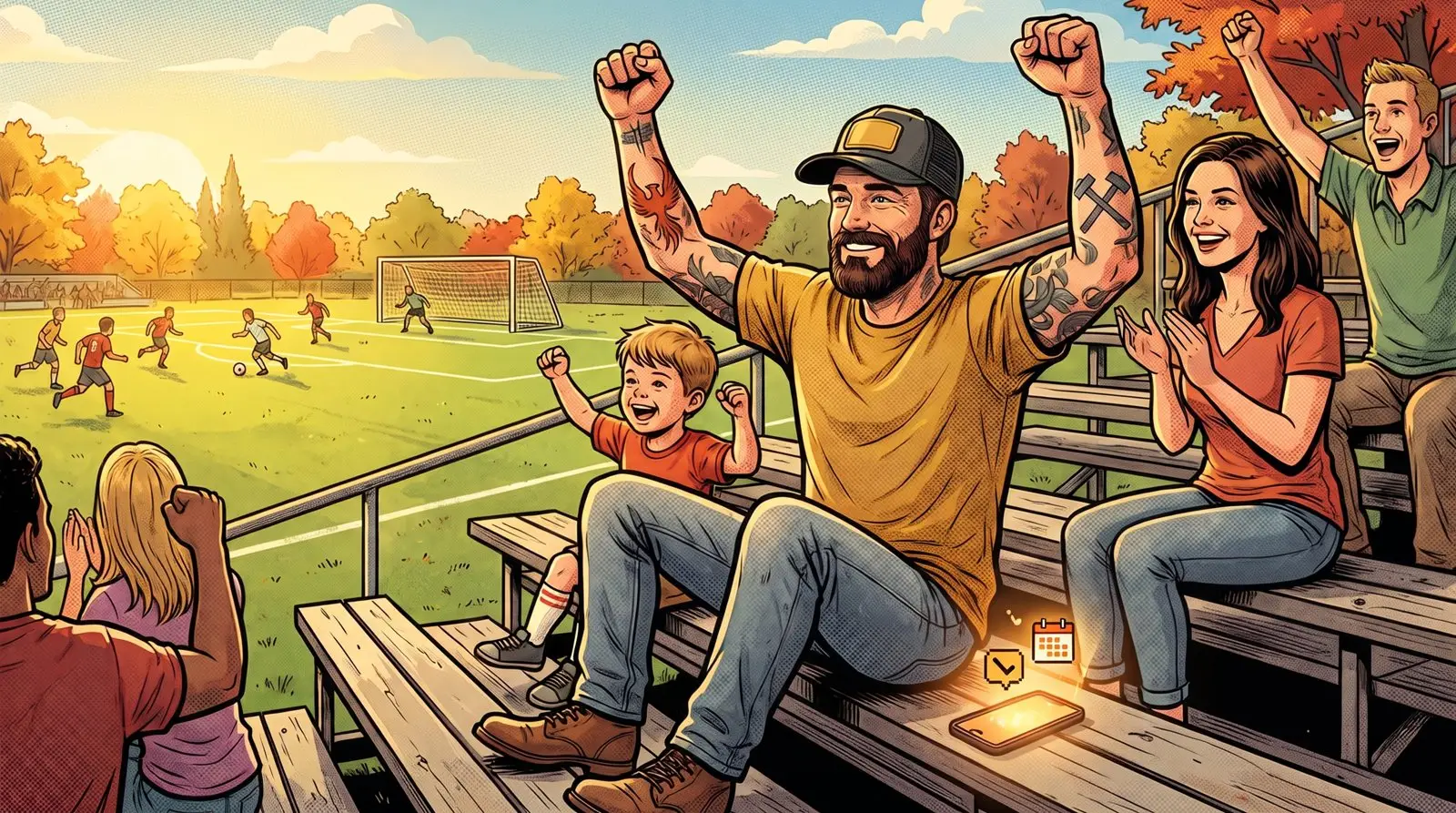 Cartoon of Mack cheering in the bleachers with his wife and son while his phone sits face down beside him