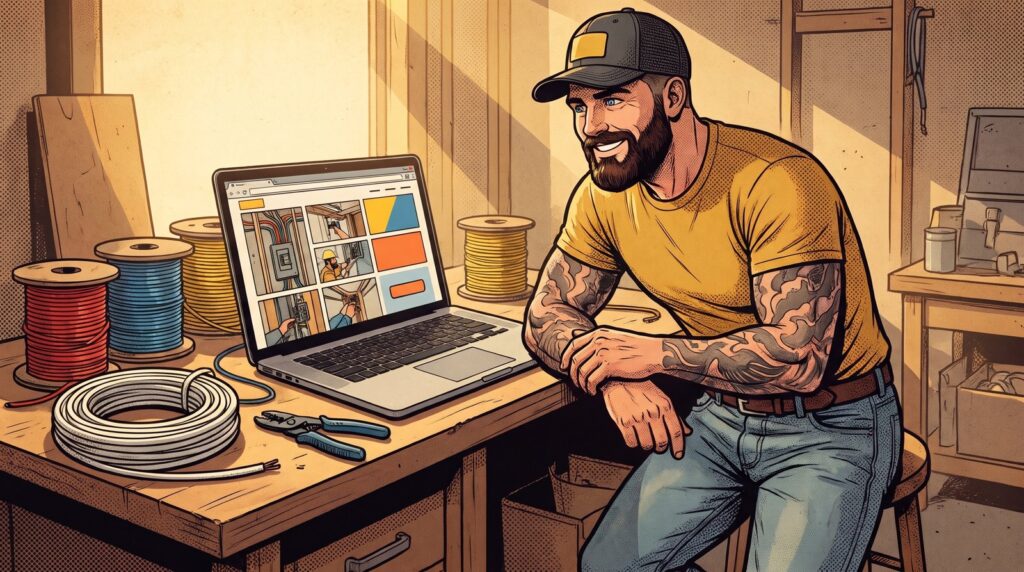 Cartoon of Mack in his electrical shop smiling at a clean website on his laptop