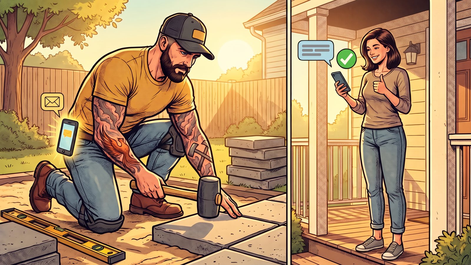 Cartoon of Mack setting pavers while a follow-up message goes out on its own and a homeowner replies yes